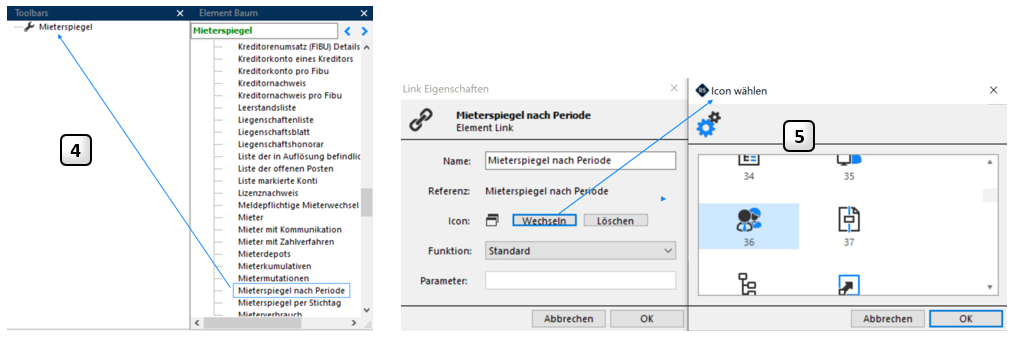 4 ein Report wird aus dem Element Baum in die Toolbar gezogen; rechts 5 der Dialog «Link Eigenschaften» mit Name, Referenz, Icon-Auswahl «Wechseln» und Feld «Funktion».