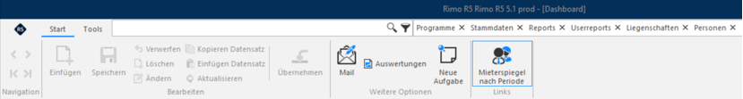 Registerkarte Start, Gruppe «Links»: die angelegte Toolbar erscheint dort mit dem gewählten Icon und Namen; mehrere Toolbars werden durch Querstriche getrennt.