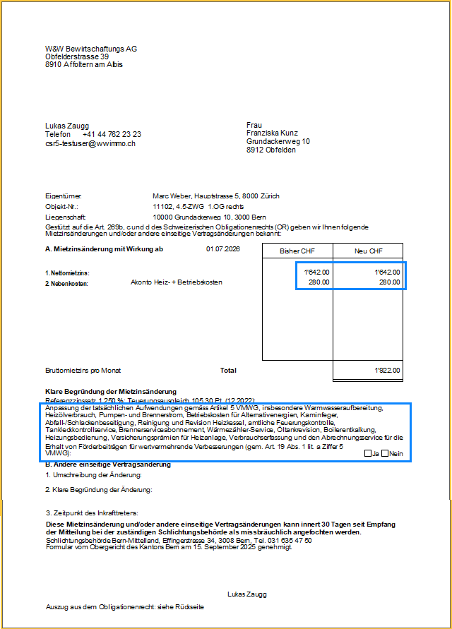 Das fertige Mietzinsänderungsformular: unter A bleiben Nettomietzins und Nebenkosten gleich; im Block «Klare Begründung» nur die neu verrechenbaren HK/NK-Positionen nach Art. 5 VMWG.