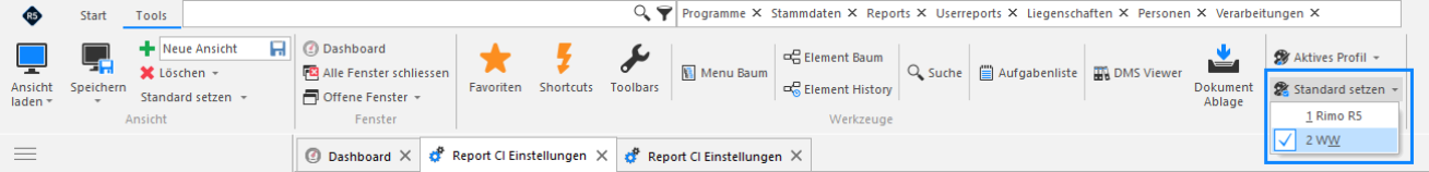 Registerkarte Tools, rechts im Menüband: über «Aktives Profil» und die aufgeklappte Liste «Standard setzen» wird eines der vorhandenen CI-Profile als Standard markiert.