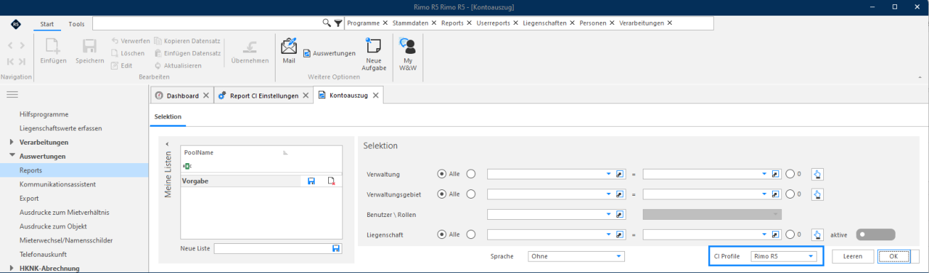 Selektionsmaske eines Reports: unten rechts das Feld «CI Profile» mit dem gewählten Profil, daneben «Leeren» und «OK».
