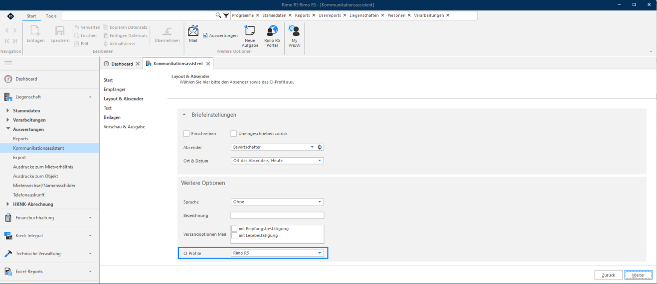Kommunikationsassistent, Schritt «Layout & Absender»: im Block «Weitere Optionen» ist das Feld «CI-Profile» hervorgehoben, darüber Absender und «Ort & Datum».