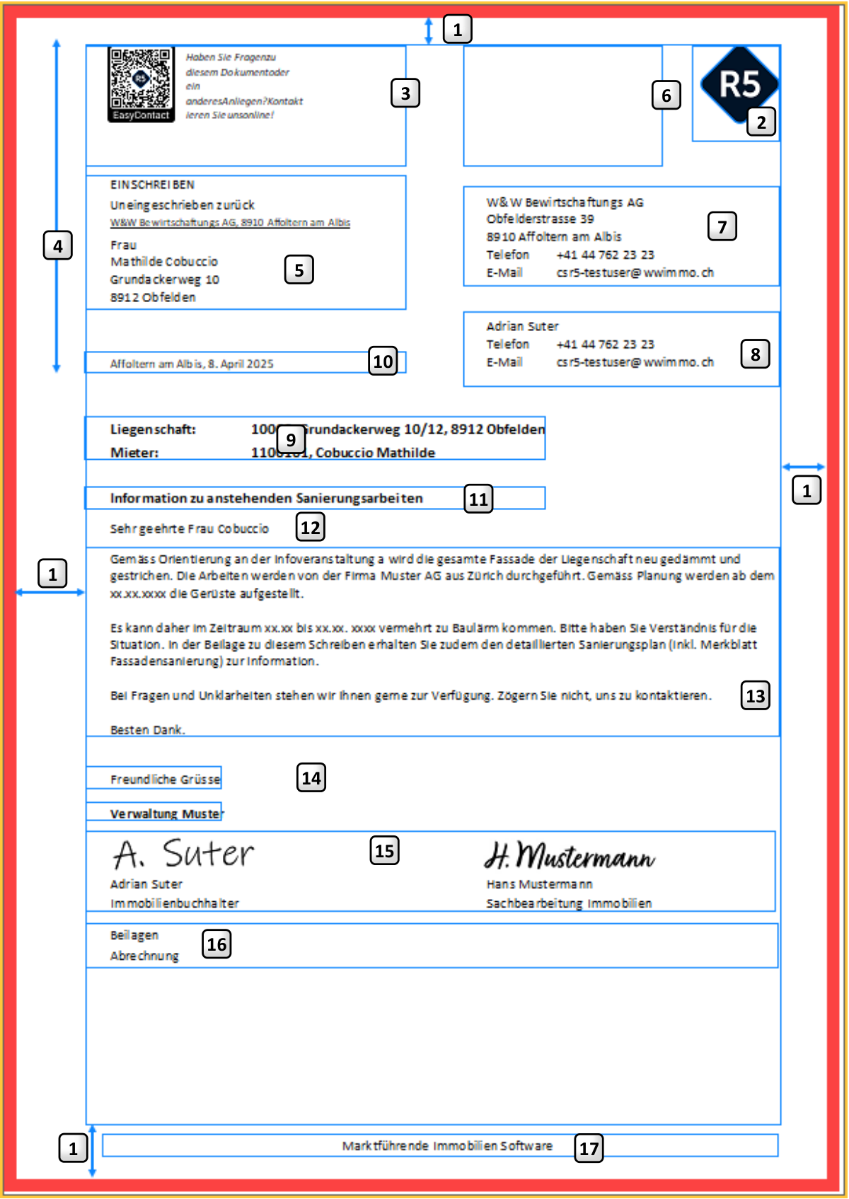 Schema eines Briefs mit den Nummern 1 bis 17 an den Blöcken: Seitenränder, Logo, QR-Code, Anschrift, Eigentümer, Verwaltung, Kontaktperson, Betreff, Anrede, Grussformel, Beilagen, Fusszeile.