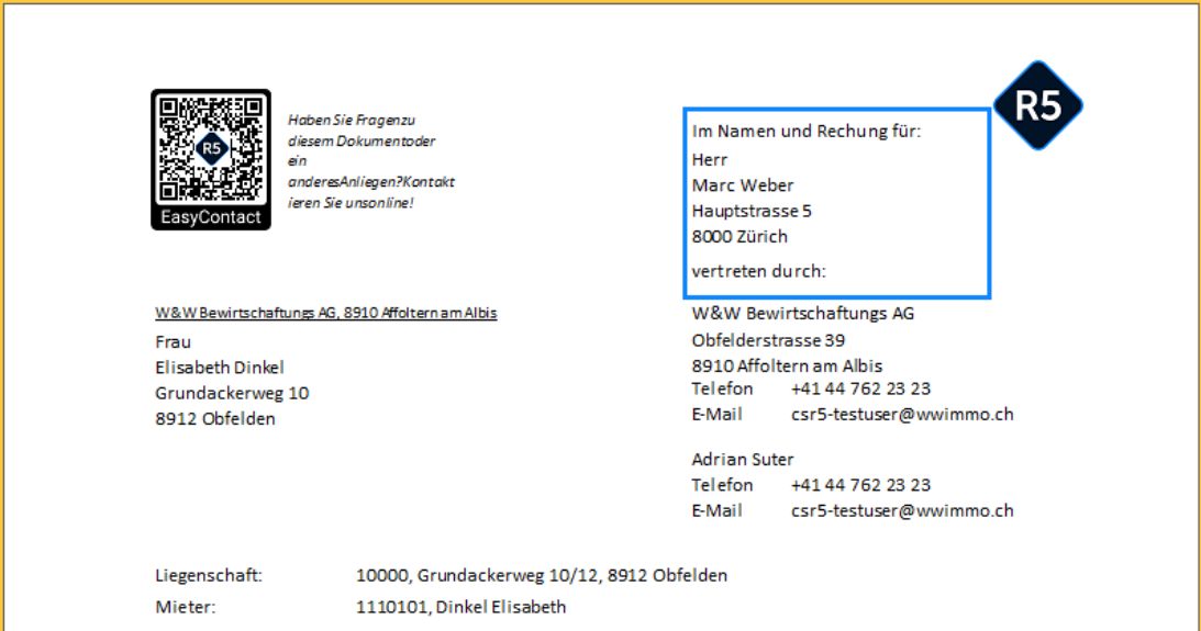 Briefkopf einer Rechnung im Druckbild: oben rechts markiert «Im Namen und Rechnung für:» mit der Eigentümeradresse und der Zeile «vertreten durch:», darunter Verwaltung und Kontaktperson.