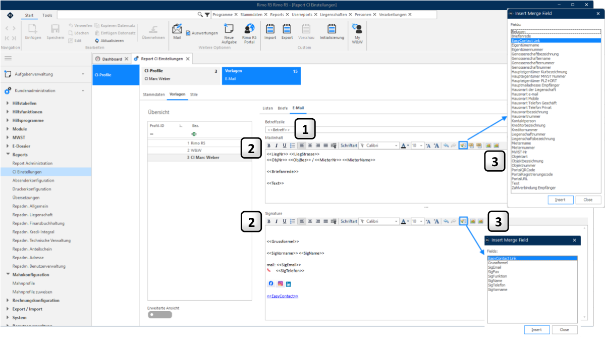 Register Vorlagen / E-Mail: 1 die Betreffzeile mit dem Seriendruckfeld, 2 die Formatierungsleisten für Mailinhalt und Signatur, 3 die Fenster «Insert Merge Field» mit den verfügbaren Feldern.