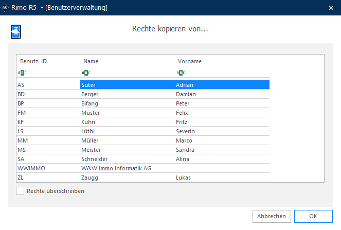 Dialog «Rechte kopieren von…»: Liste der bestehenden Benutzer zur Auswahl, dazu das Häkchen «Rechte überschreiben» und die Schaltflächen «Abbrechen» und «OK».