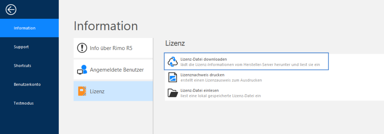 Rimo-Icon, «Information / Lizenz» mit den drei Einträgen Lizenz-Datei downloaden, Lizenznachweis drucken und Lizenz-Datei einlesen; hervorgehoben «Lizenz-Datei downloaden».