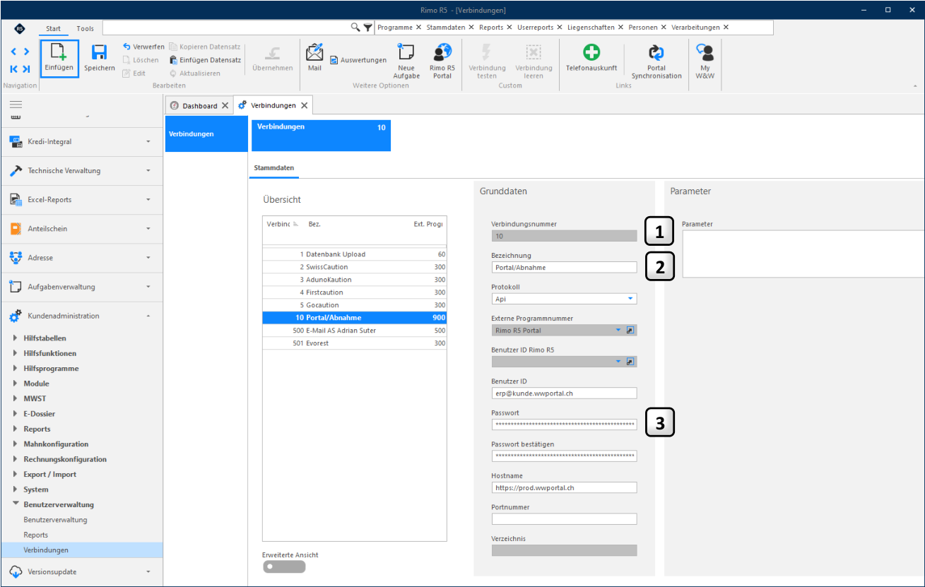 Benutzerverwaltung / Verbindungen: neue Verbindung «Portal/Abnahme» mit Protokoll Api und Programmnummer «Rimo R5 Portal»; nummeriert 1 Verbindungsnummer, 2 Bezeichnung, 3 Benutzerdaten und Hostname.