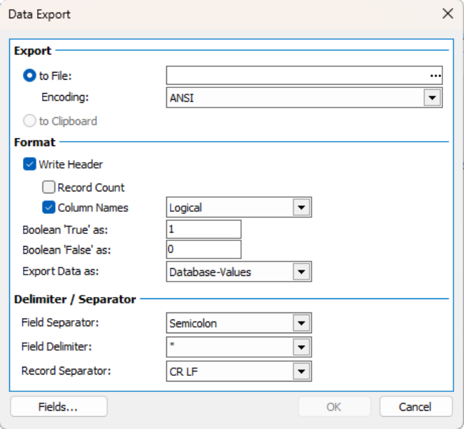 Dialog «Data Export»: Ziel «to File» mit Encoding ANSI, im Format «Write Header» und «Column Names», dazu Field Separator «Semicolon», Field Delimiter und Record Separator «CR LF».