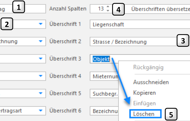 Block «Spalten», nummeriert: 1 Feld «Titel», 2 die Auswahlliste je Spalte, 3 das frei wählbare Feld «Überschrift», 4 «Anzahl Spalten» und 5 das Kontextmenü mit «Löschen».