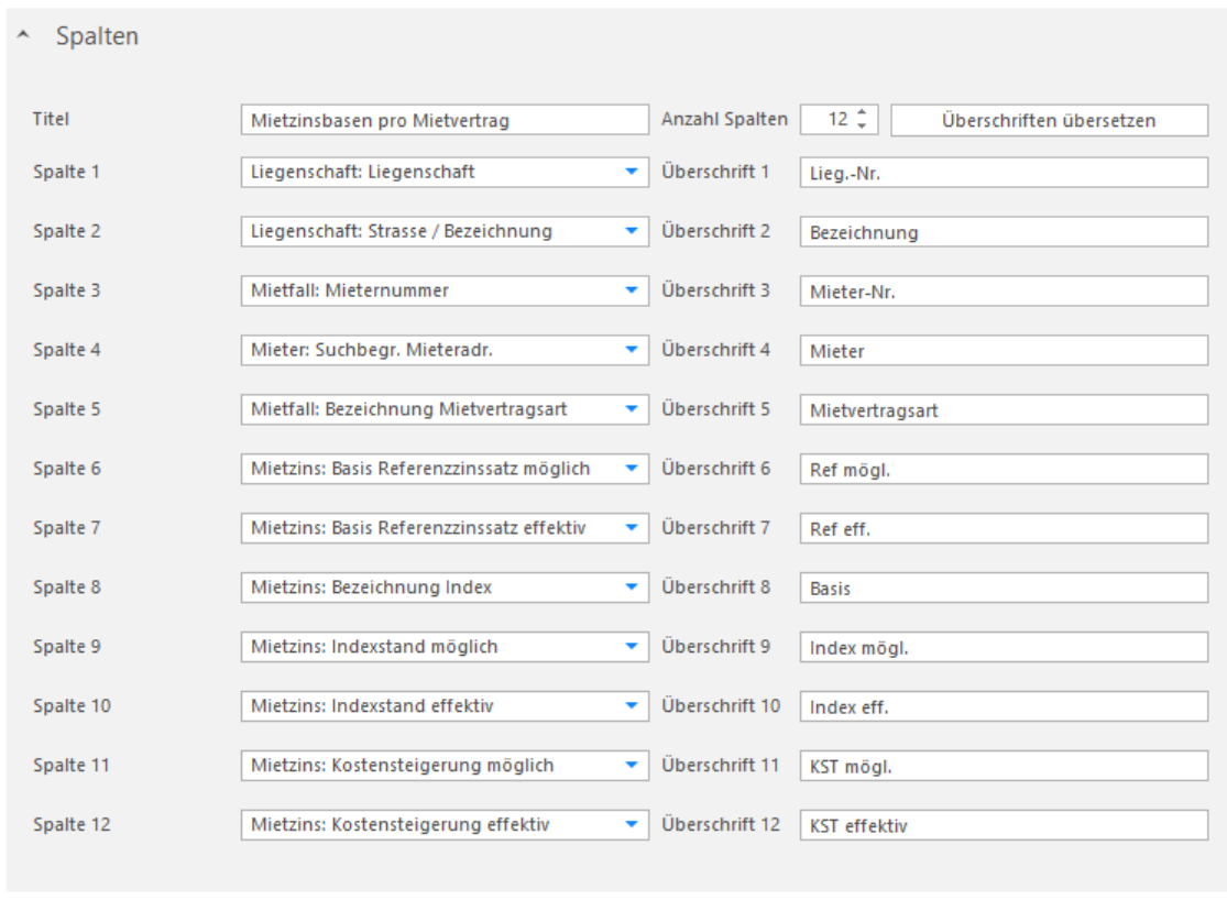 Beispiel «Mietzinsbasen pro Mietvertrag»: 12 Spalten mit Mietvertragsart, Basis Referenzzinssatz möglich und effektiv, Index, Indexstand möglich und effektiv sowie Kostensteigerung.