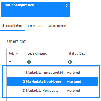 Übersicht der Job-Konfiguration mit einem eigenen Job je Marktplatz: «1 Markplatz Immoscout24», «2 Marktplatz NewHome», «3 Marktplatz Homegate», alle im Status wartend.