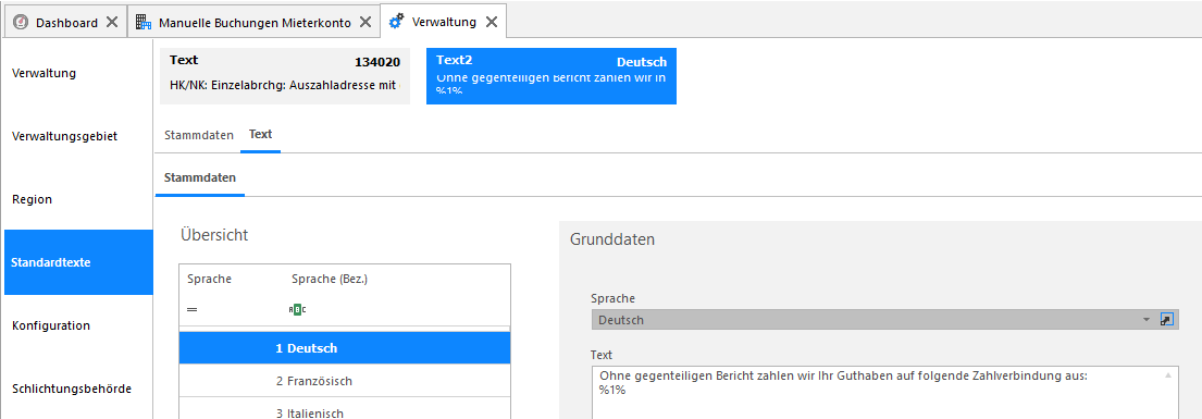 Standardtext «HK/NK: Einzelabrchg: Auszahladresse»: der deutsche Text lautet «Ohne gegenteiligen Bericht zahlen wir Ihr Guthaben auf folgende Zahlverbindung aus» und endet mit dem Parameter %1%