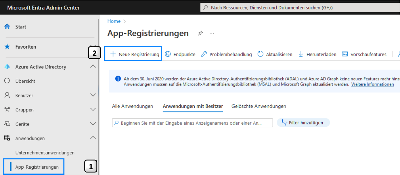 Microsoft Entra Admin Center, Azure Active Directory: Schritt 1 ist der Menüpunkt «App-Registrierungen» links unten, Schritt 2 die Schaltfläche «+ Neue Registrierung» oben.