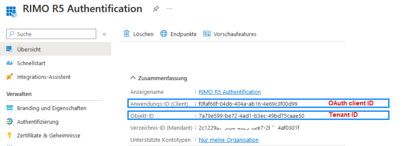 Übersicht der App-Registrierung: die Zeile «Anwendungs-ID (Client)» ist als OAuth client ID markiert, «Objekt-ID» als Tenant ID; beide werden im Rimo in der Mail-Verbindung eingetragen.