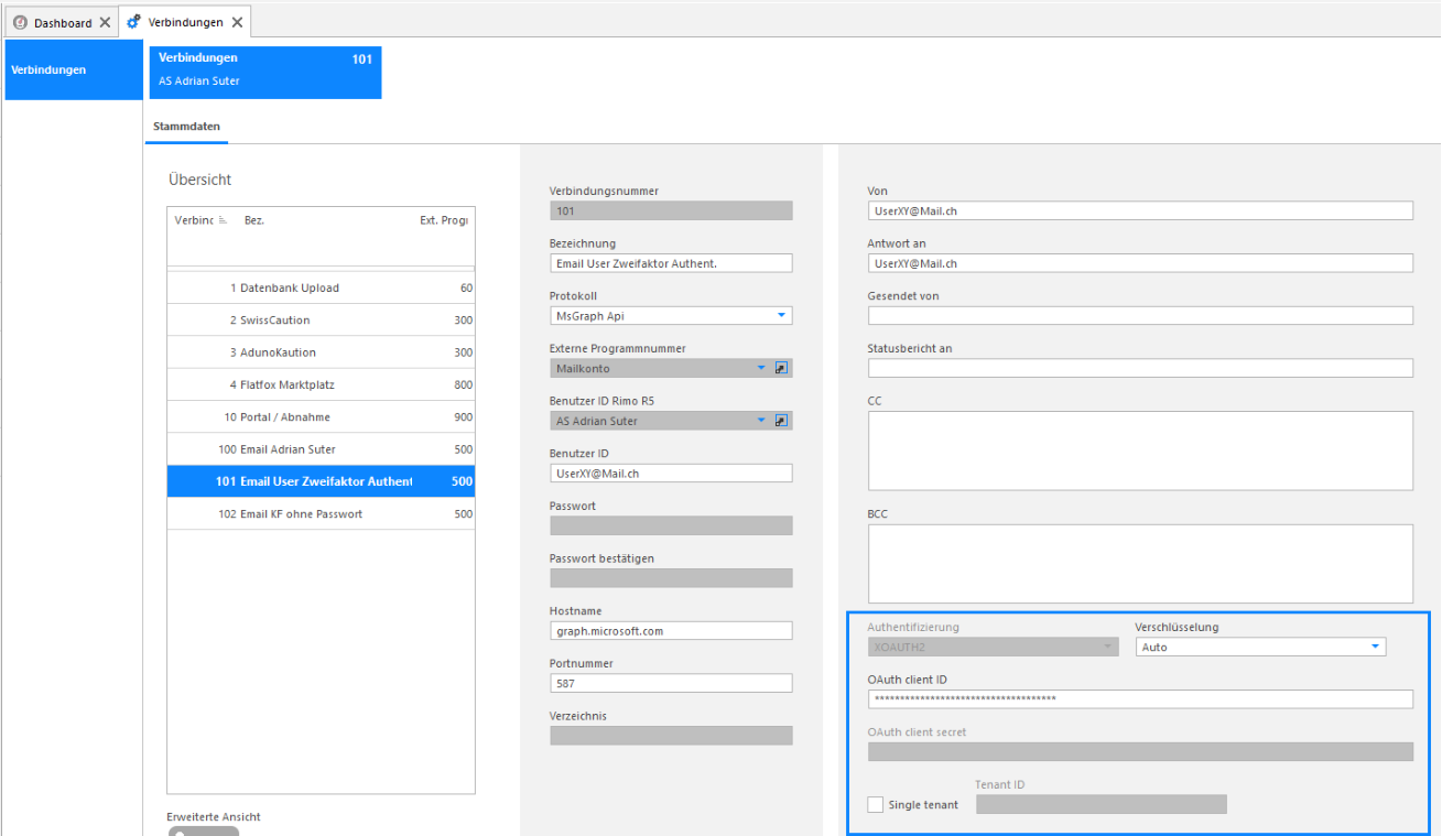 Benutzerverwaltung / Verbindungen: Mailkonto mit Protokoll «MsGraph Api», Hostname graph.microsoft.com, Port 587; hervorgehoben Authentifizierung XOAUTH2, OAuth client ID und «Single tenant».