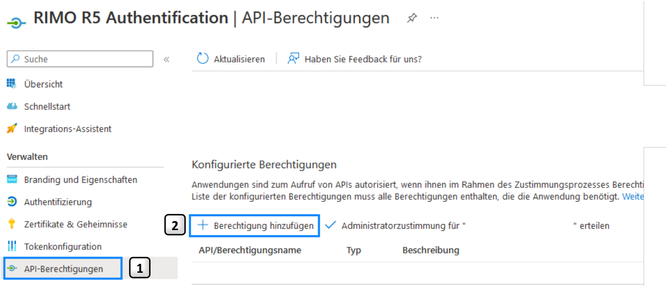 Azure, «API-Berechtigungen»: Schritt 1 der Menüpunkt links, Schritt 2 «+ Berechtigung hinzufügen»; daneben «Administratorzustimmung erteilen» und die noch leere Berechtigungsliste.