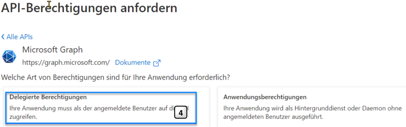 Dialog «API-Berechtigungen anfordern» für Microsoft Graph: zur Wahl delegierte Berechtigungen (Zugriff als angemeldeter Benutzer) und Anwendungsberechtigungen (Hintergrunddienst).