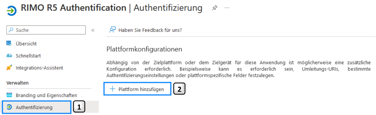 Azure, App-Registrierung «Authentifizierung», Block Plattformkonfigurationen: Schritt 1 ist der Menüpunkt «Authentifizierung» links, Schritt 2 die Schaltfläche «+ Plattform hinzufügen».