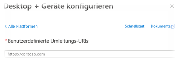 Dialog «Desktop + Geräte konfigurieren» mit dem Pflichtfeld «Benutzerdefinierte Umleitungs-URIs» und dem Platzhalter https://contoso.com.