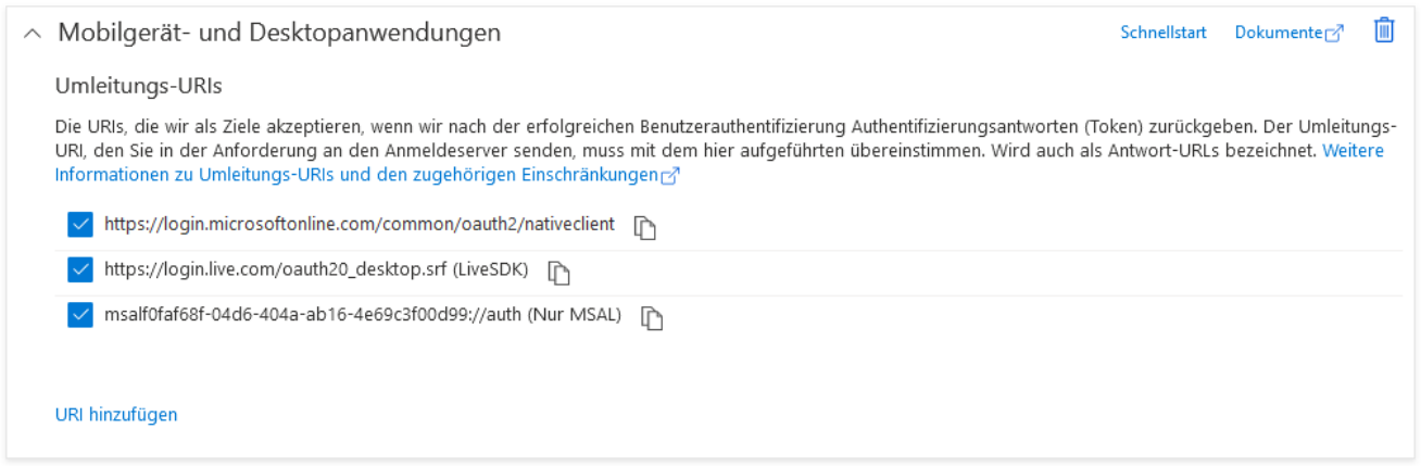 Block «Mobilgerät- und Desktopanwendungen»: die drei übernommenen Umleitungs-URIs für nativeclient, LiveSDK und MSAL sind angehakt; darunter der Link «URI hinzufügen».