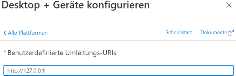 Dialog «Desktop + Geräte konfigurieren»: für ExchangeOnline / Office365 wird als benutzerdefinierte Umleitungs-URI http://127.0.0.1 eingetragen.