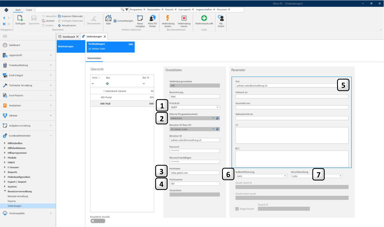 Dieselbe Maske für SMTP: Protokoll SMTP, Hostname, Port 587, Absenderfelder, Authentifizierung und Verschlüsselung Auto; OAuth client ID, client secret und Tenant ID bleiben grau.