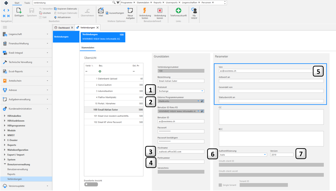 Dieselbe Maske für Exchange: Protokoll Exchange, Hostname outlook.office365.com, Portnummer leer, Absenderfelder, Authentifizierung Auto und das zusätzliche Feld Version.