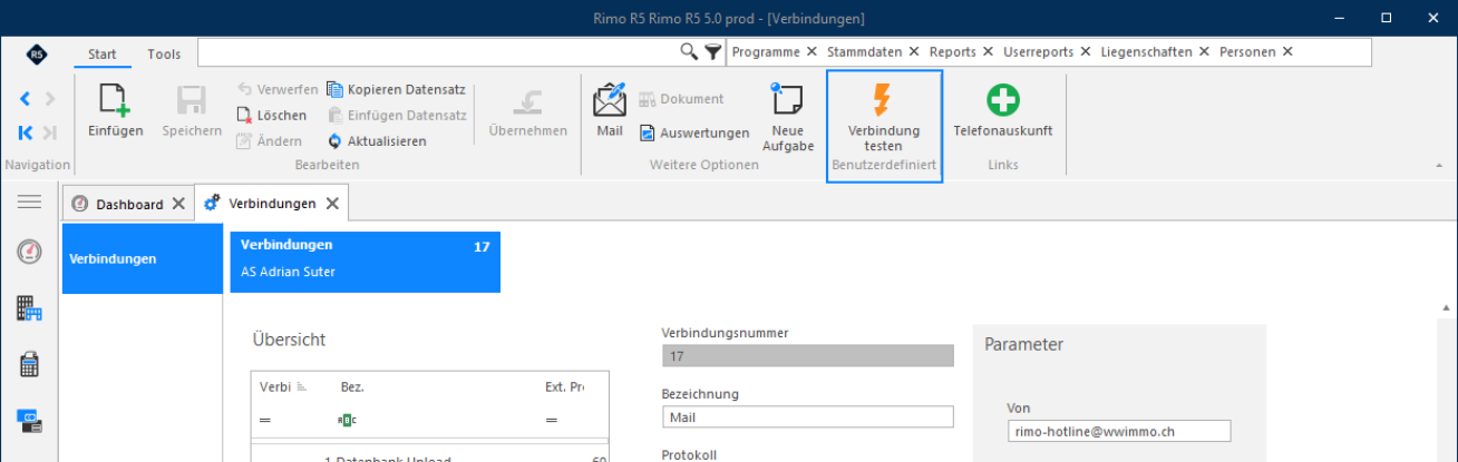 Rimo R5, Verbindungen: im Menüband ist die Schaltfläche «Verbindung testen» hervorgehoben, mit der ein Testmail von und an den eingerichteten Account gesendet wird.