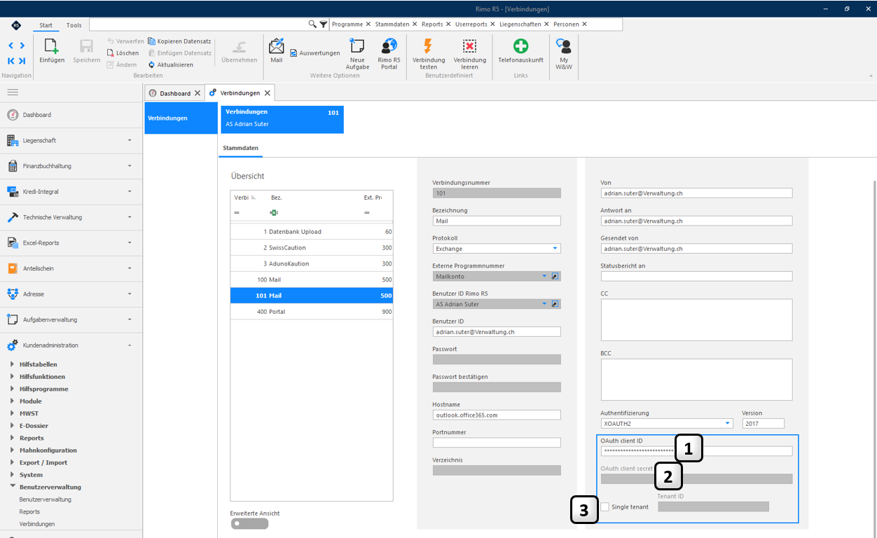 Benutzerverwaltung / Verbindungen: Mailverbindung mit Protokoll «Exchange», Hostname outlook.office365.com, Authentifizierung «XOAUTH2»; hervorgehoben OAuth client ID und client secret.