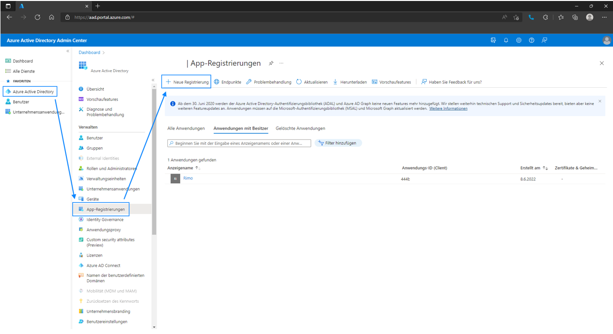 Azure Active Directory Admin Center, «App-Registrierungen» mit markierter Schaltfläche «Neue Registrierung»; unter «Anwendungen mit Besitzer» die App «Rimo» samt Anwendungs-ID (Client).