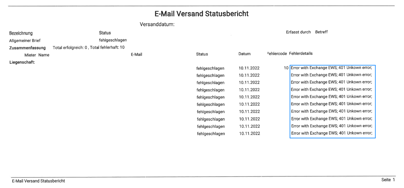 Report «E-Mail Versand Statusbericht» zur Ausgabe «Allgemeiner Brief»: Status fehlgeschlagen, «Total erfolgreich: 0, Total fehlerhaft: 10», Fehlerdetails «Error with Exchange EWS; 401», Fehlercode 10.