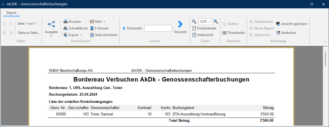 Bordereau «Verbuchen AkDk - Genossenschafterbuchungen» der Kontoauflösung: eine Kontobewegung mit Kontoart 10, Buchungstext «DTA-Auszahlung Kontoauflösung» und Total 3'500.00.
