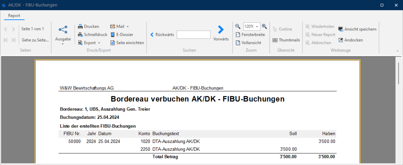 Bordereau «verbuchen AK/DK - FIBU-Buchungen» dazu: Konto 1020 im Haben, Konto 2250 im Soll, je 3'500.00 — die Auszahlung verlässt die Bank und löst das nicht ausbezahlte AK-Konto auf.