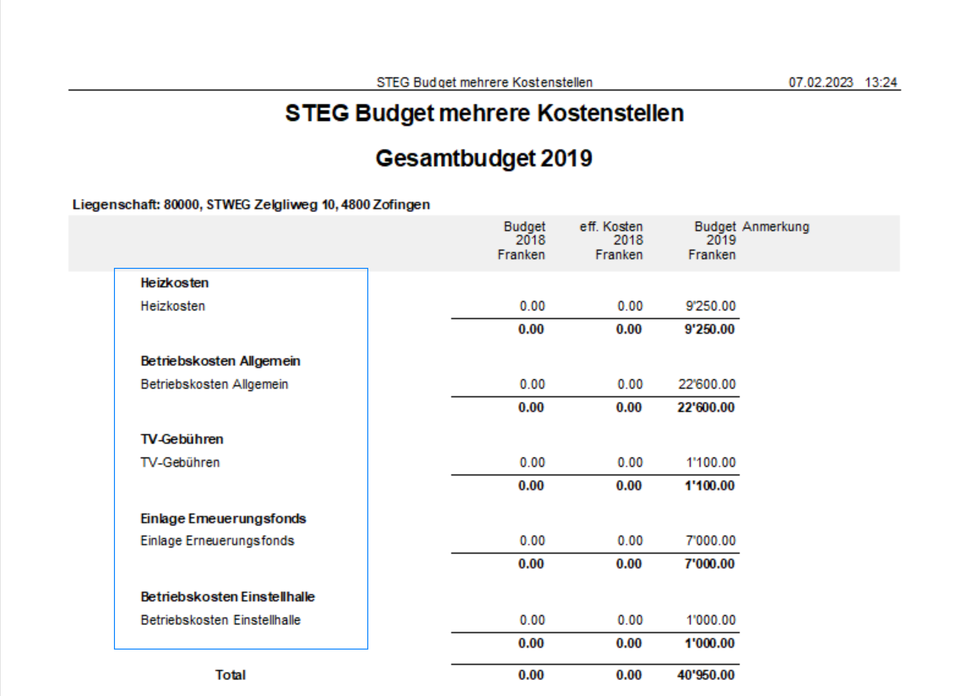Report «STEG Budget mehrere Kostenstellen», Gesamtbudget: je Kostenstelle nur eine summierte Zeile - Heizkosten, Betriebskosten, TV-Gebühren, Erneuerungsfonds; die einzelnen Fibu-Konten fehlen.