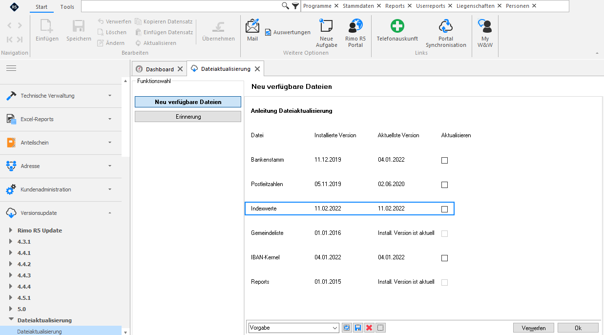 Versionsupdate / Dateiaktualisierung, «Neu verfügbare Dateien»: Tabelle mit Datei, installierter Version, aktuellster Version und Häkchen «Aktualisieren»; hervorgehoben die Zeile «Indexwerte».