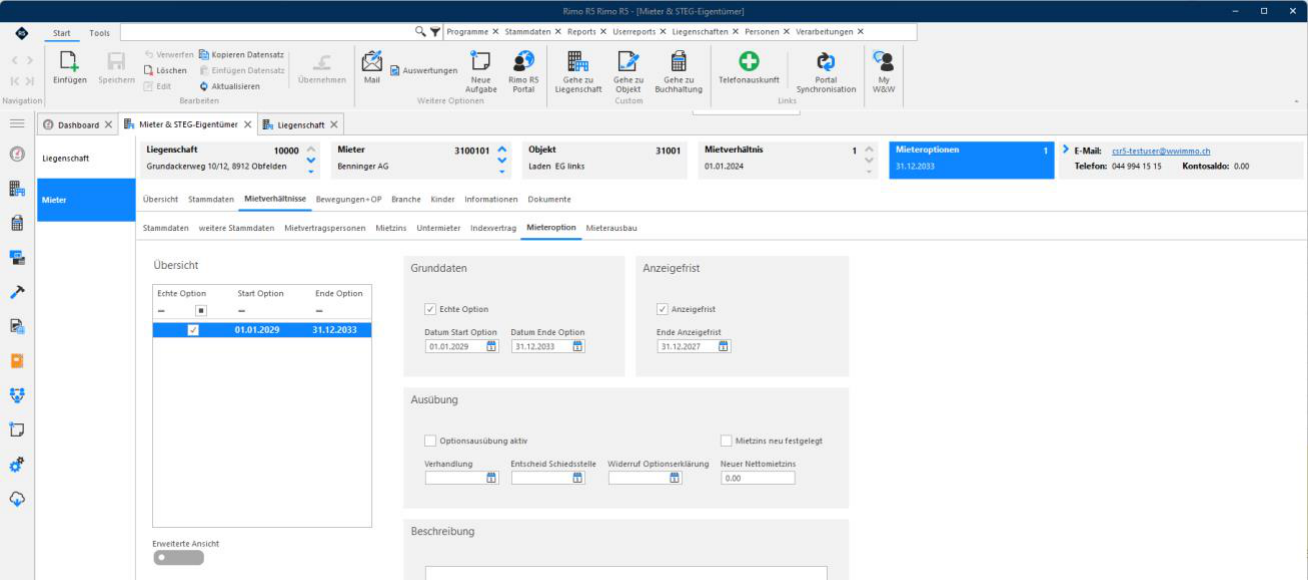 Register «Mieteroption»: Grunddaten mit «Echte Option» und Start/Ende, Anzeigefrist, Ausübung mit Verhandlung, Entscheid Schiedsstelle, Widerruf und «Neuer Nettomietzins».