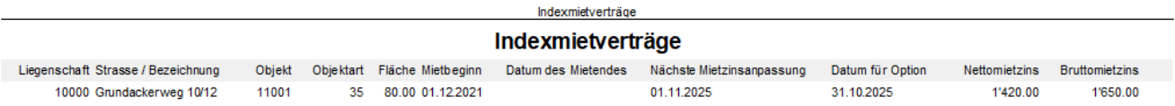 Dynamischer Report «Indexmietverträge» mit den frei gewählten Spalten Liegenschaft, Objekt, Objektart, Fläche, Mietbeginn, Mietende, nächste Anpassung, Netto- und Bruttomietzins.