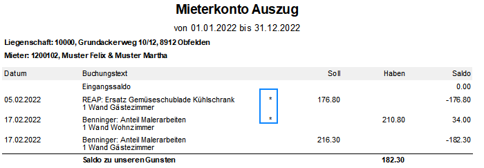 Mieterkonto Auszug: vor dem Betrag der provisorischen Buchungen steht ein Sternchen - hier bei «REAP: Ersatz Gemüseschublade Kühlschrank» und «Benninger: Anteil Malerarbeiten».