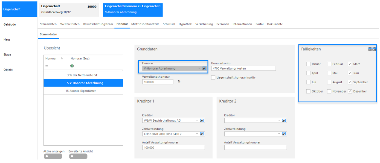 Beispiel Code 5: «V-Honorar Abrechnung» mit 100.000 % und Konto 4700; angehakt März, Juni, September, Dezember — damit werden die Akontozahlungen bei der Quartalsabrechnung abgezogen.