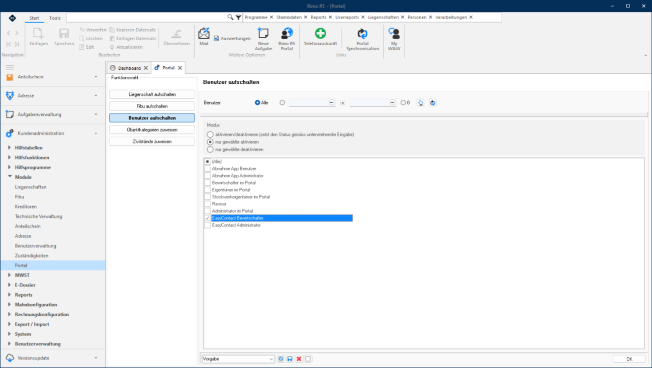 Module / Portal, «Benutzer aufschalten»: Modus «nur gewählte aktivieren»; in der Rollenliste von Abnahme App bis Administrator im Portal ist «EasyContact Bewirtschafter» angehakt.