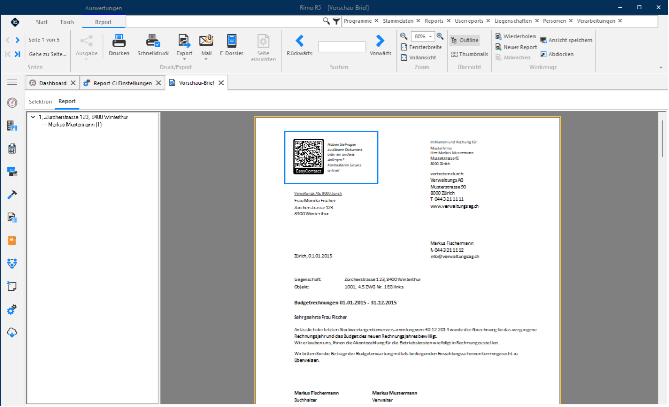 Vorschau-Brief: links oben der EasyContact-QR-Code mit dem Text «Haben Sie Fragen …?»; fehlt der Code, sind Höhe und Breite in den Formatierungs-Einstellungen zu prüfen.