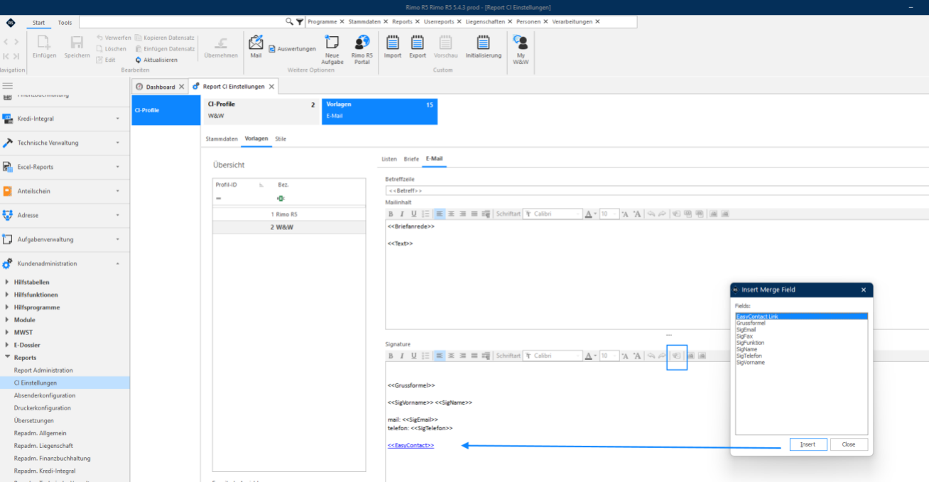 CI Einstellungen, Vorlagen / E-Mail: im Signaturfeld der Platzhalter für EasyContact; das Fenster «Insert Merge Field» listet EasyContact Link, Grussformel und die Sig-Felder.