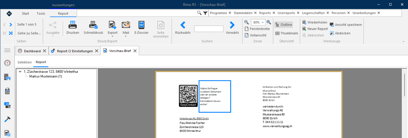 Ausschnitt des Vorschau-Briefs: hervorgehoben ist der Textblock rechts neben dem QR-Code, der im nächsten Schritt über die Übersetzungen geändert wird.
