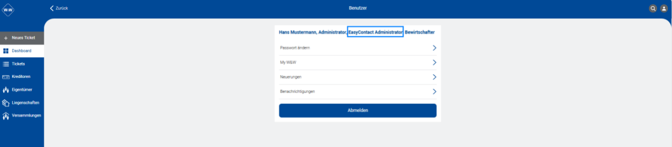 W&W Portal, Seite «Benutzer»: in der Kopfzeile Name und aktive Rollen, hervorgehoben «EasyContact Administrator»; darunter Passwort ändern, My W&W, Neuerungen und Abmelden.