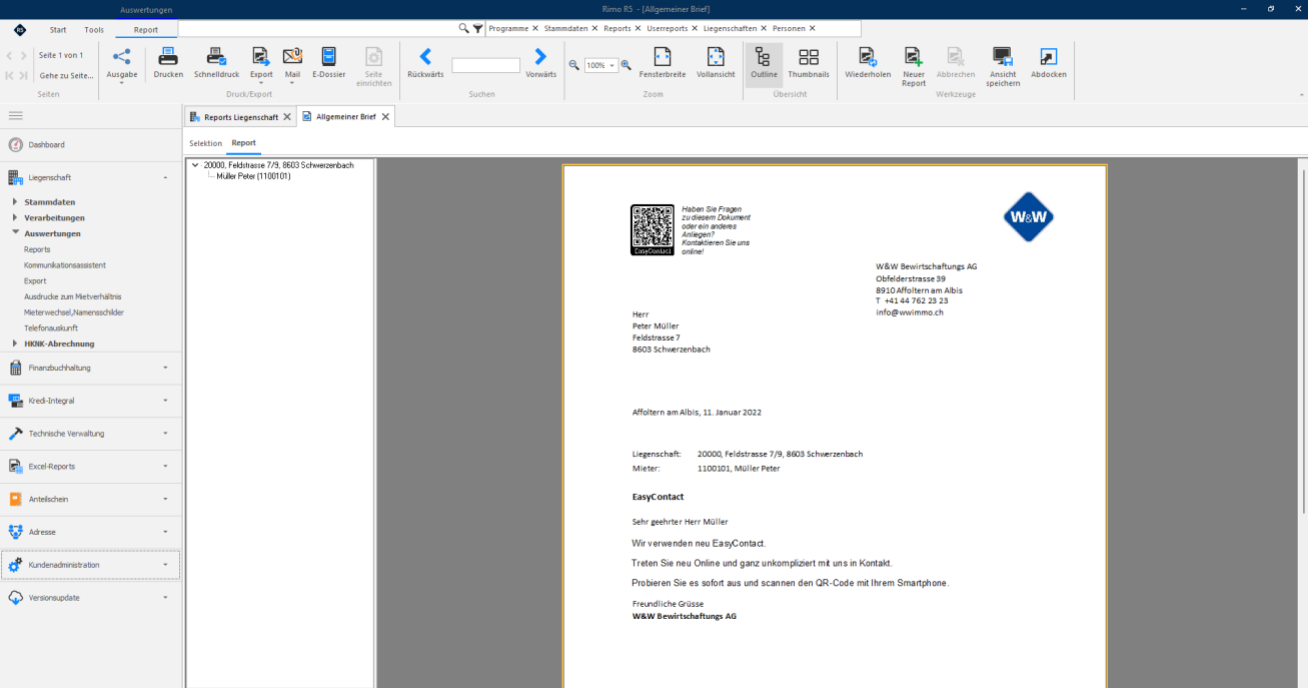 Beispiel «Allgemeiner Brief» in der Vorschau: links oben der EasyContact-QR-Code mit Memo-Text, rechts der Absenderblock; jeder Mieter erhält einen für ihn persönlichen Code.