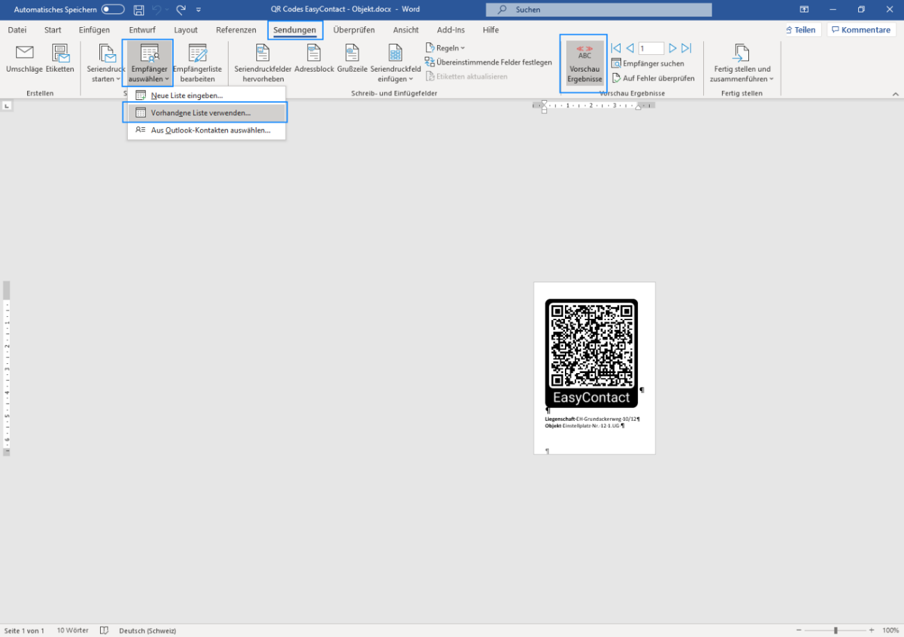 Word-Dokument «QR Codes EasyContact - Objekt.docx», Register Sendungen: über «Vorhandene Liste verwenden» wird die CSV aus Rimo verbunden, «Vorschau Ergebnisse» zeigt den fertigen QR-Code.
