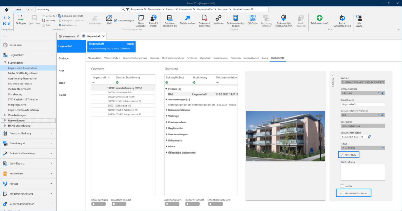 Liegenschaft-Stammdaten, Register Dokumente: hervorgehoben die Häkchen «Öffentlich» und «Thumbnail für Portal» — Letzteres macht ein Bild zum Titelbild im Portal.