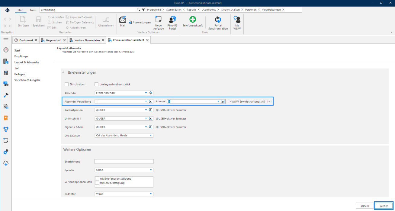 Kommunikationsassistent, «Layout & Absender»: hervorgehoben Absender «Freier Absender», «Absender Verwaltung» und «Adresse»; darunter Kontaktperson, Unterschrift und Signatur je auf @USER.