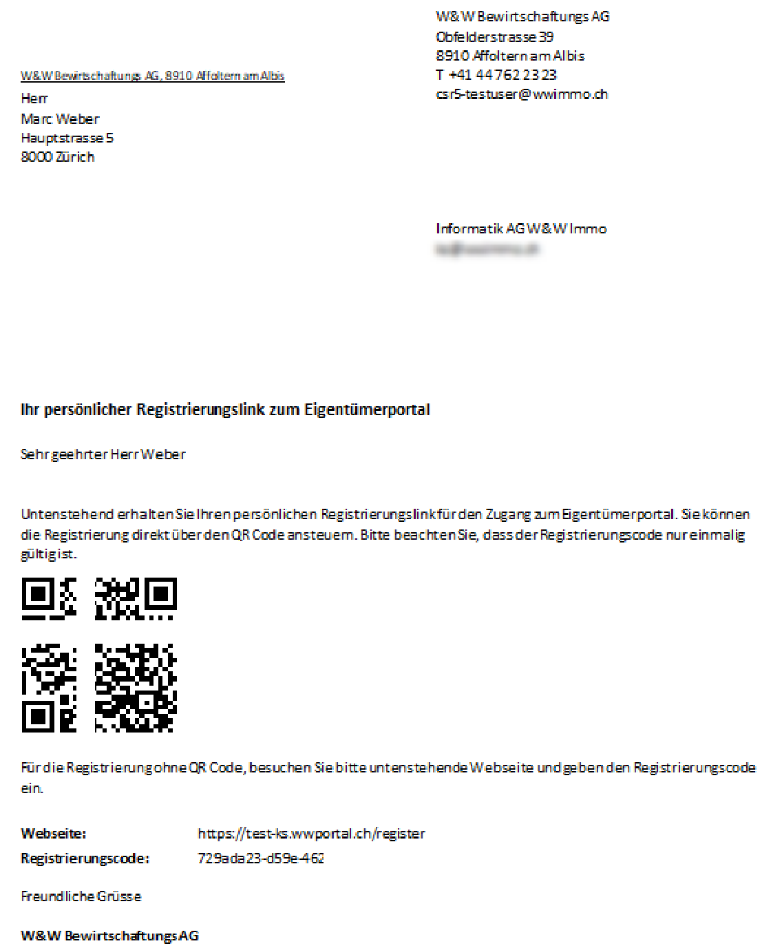 Der erzeugte Aufschaltbrief als PDF: Absender, Empfängeradresse, Titel «Ihr persönlicher Registrierungslink», der Hinweis auf die einmalige Gültigkeit, die QR-Codes, Webseite und Code.